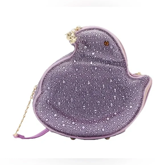 BETSEY JOHNSON EXCLUSIVE CROSSBODY BAG KITSCH PEEPS CHICK RHINESTONES LAVENDER - Picture 1 of 6
